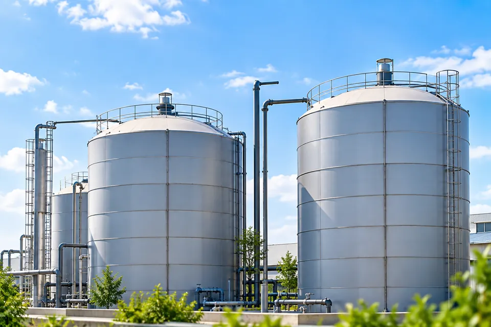 Large steel storage tanks at an industrial site