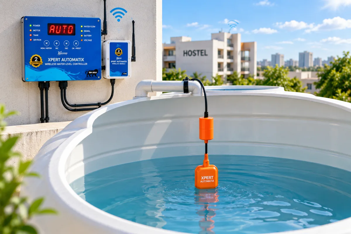 An Xpert AutomatiX float switch hanging in a rooftop water tank, with a wireless water level controller on the wall behind it
