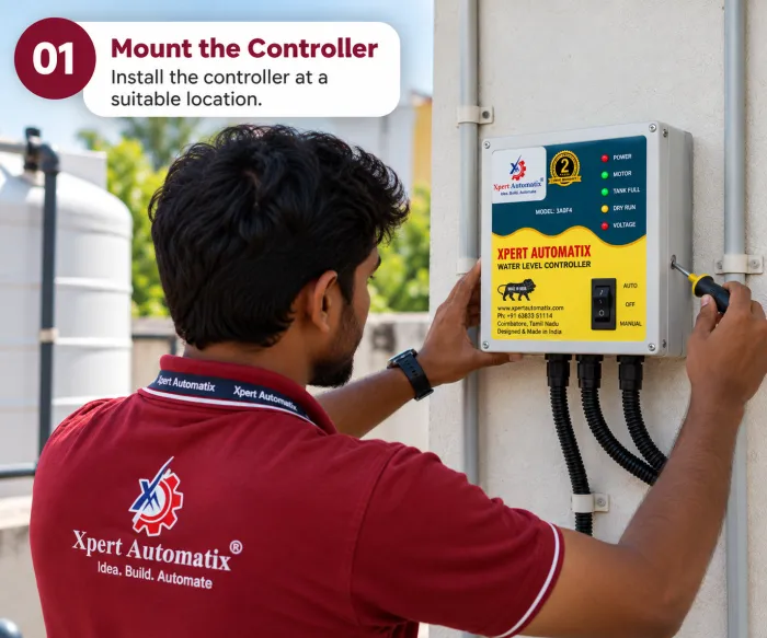 An engineer mounting the controller on the wall