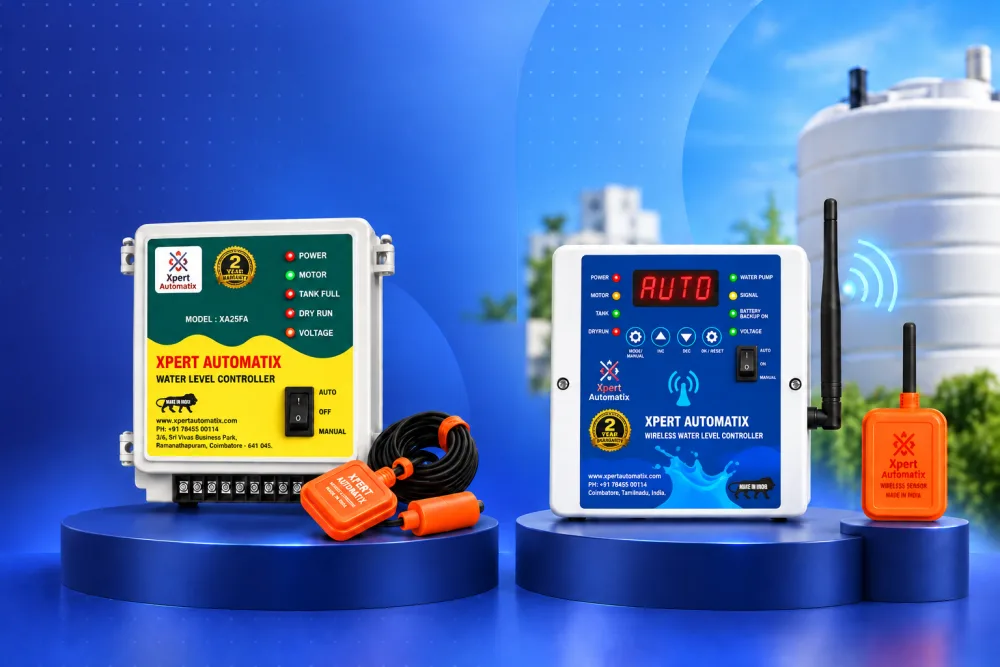 The wired and the wireless Xpert AutomatiX water level controllers side by side