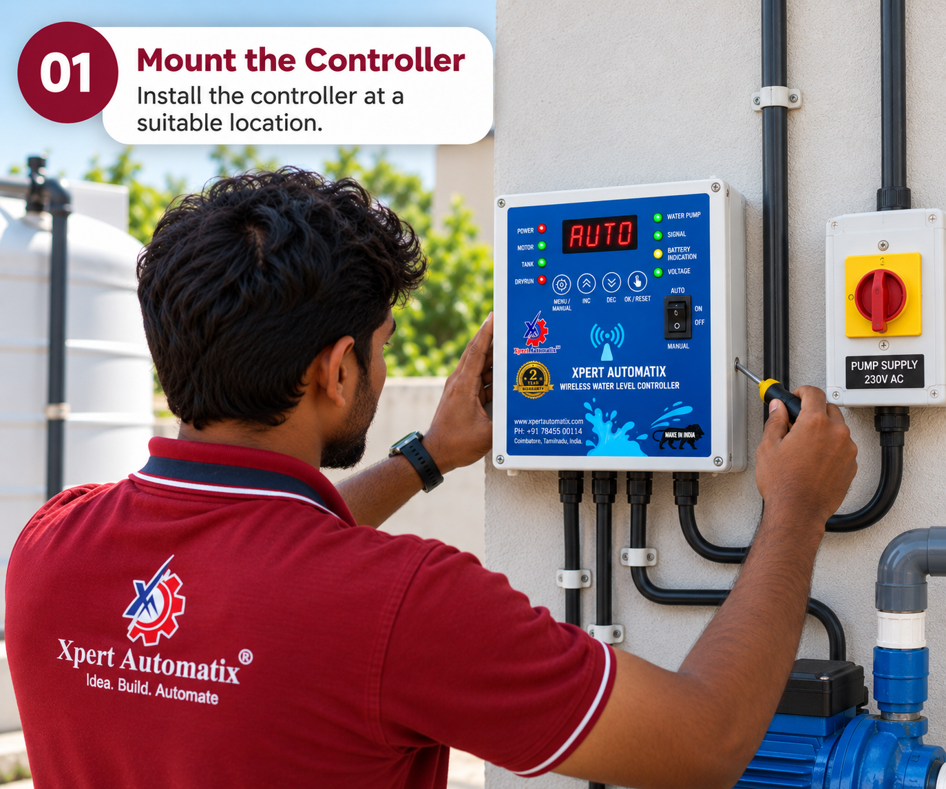 A technician fitting the wireless water level controller to a wall near the pump