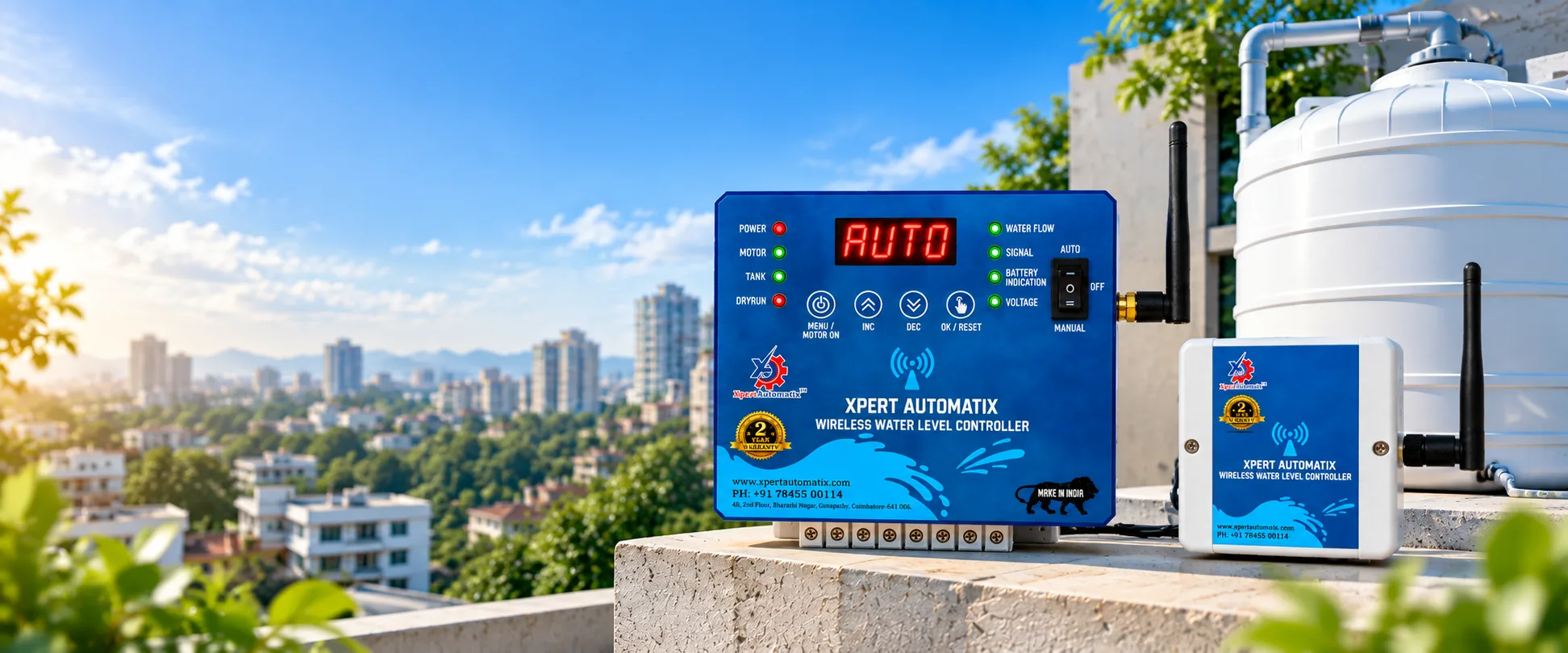 Xpert AutomatiX wireless water level controller and its wireless sensor unit beside a rooftop water tank
